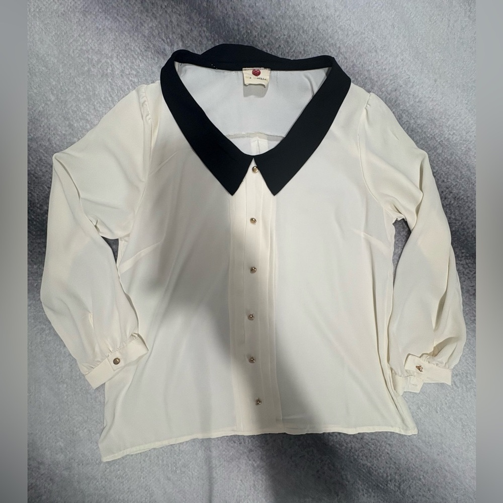 One Clothing Women’s Cream‎ Black Peter Pan Collar Blouse Top Small Medium S M